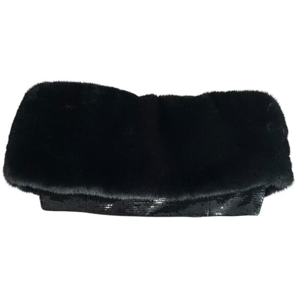 AVEC LES FILLES Crop Top NWT Black on Black Zip Sequin Bottom Faux Fur Top Large - Picture 8 of 13